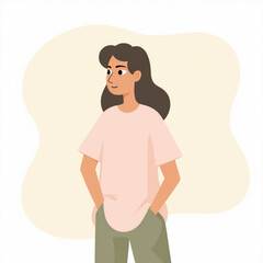 A young woman with brown hair and a pink shirt stands with hands in pockets, looking to the side.