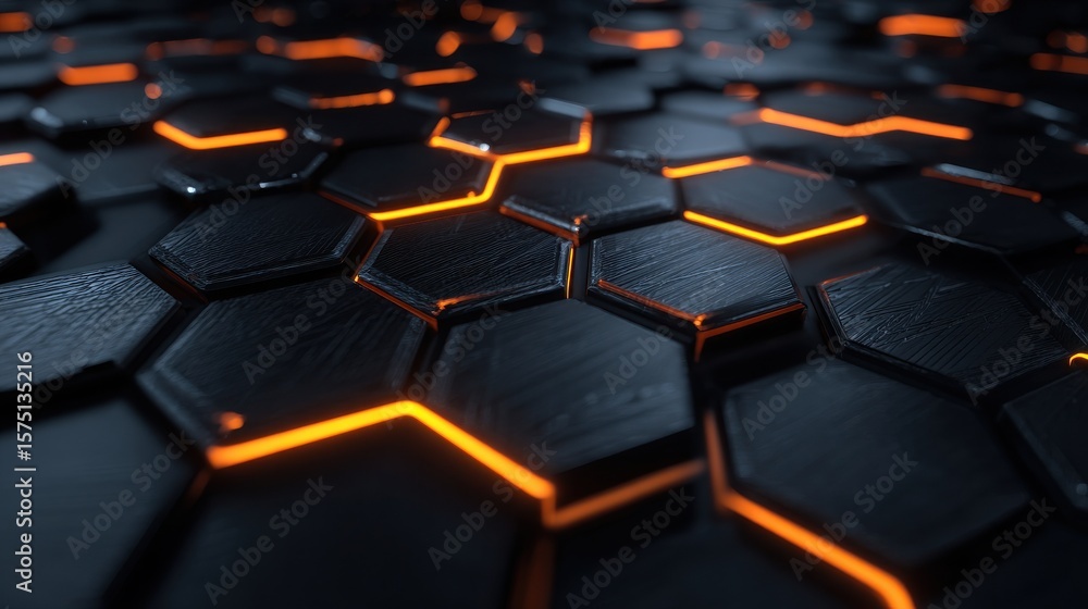 Poster a close up of dark textured hexagons with glowing orange lines between the shapes in a pattern