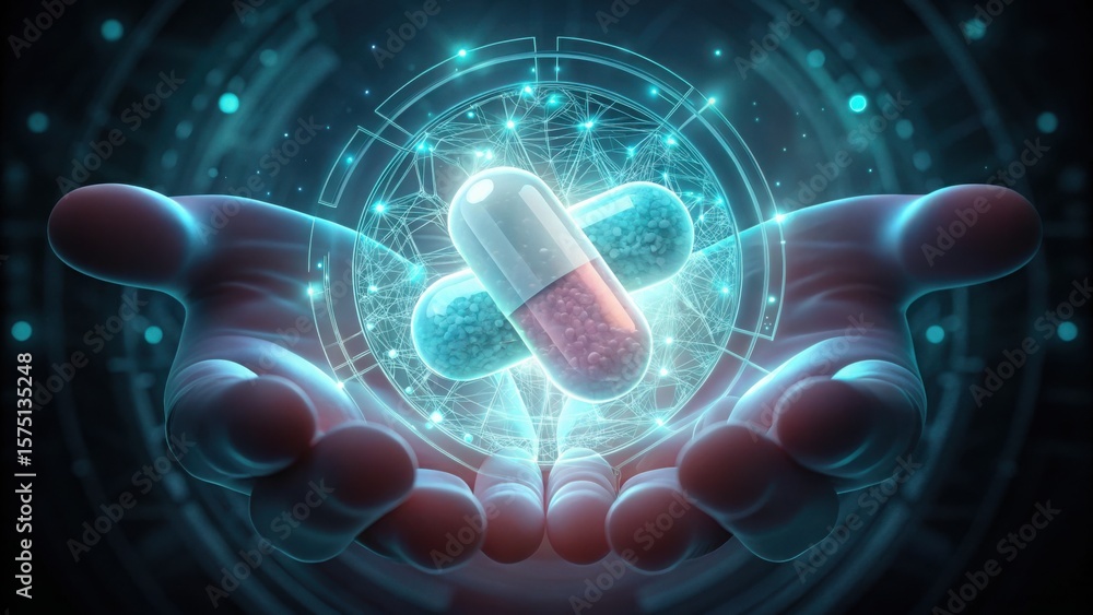 Poster holographic capsule in hand with digital technology and data visualization