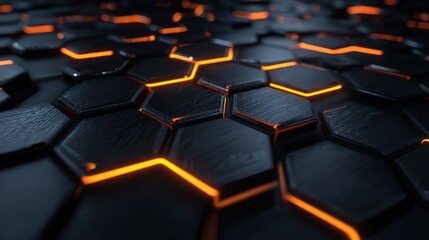 Obraz premium A close up of dark textured hexagons with glowing orange lines between the shapes in a pattern