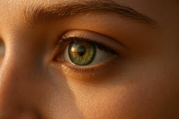 Captivating close-up of a green eye with intricate details illuminated by soft natural light