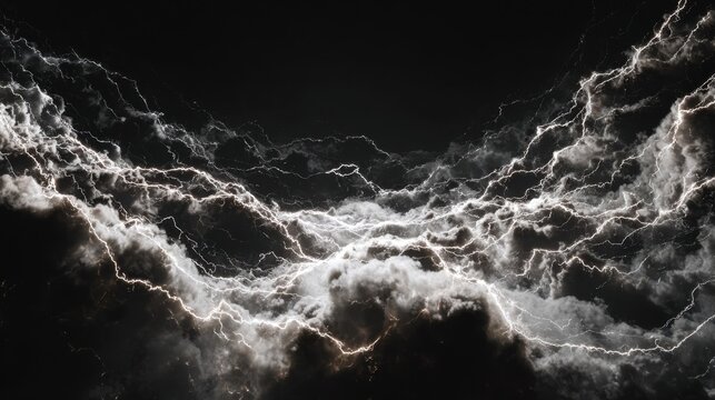 A mesmerizing display of white electric arcs crackling against an inky backdrop symbolizing chaos and intensity ideal for themes of fear excitement and dramatic weather phenomena.