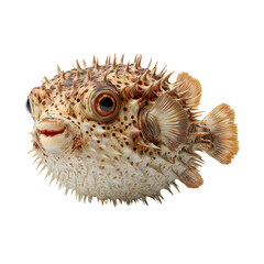 Obraz premium Curious Pufferfish: Nature's Spiky Wonder on a white background.
