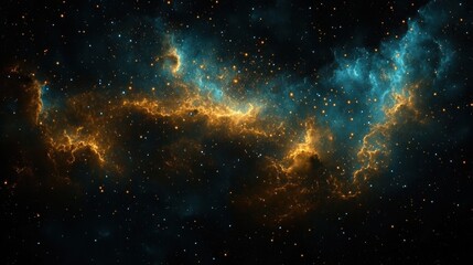 Naklejka premium Vast cosmic scene featuring bright golden nebula clouds intertwined with blue nebulous formations and numerous scattered stars in deep space