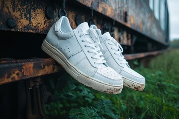 pair of white sneakers with dirt on soles hanging from a rusty metal rail outdoors with green plants in background