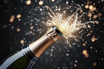 Bottle of champagne popping with sparkling golden liquid and bubbles flying against dark background with festive bokeh lights