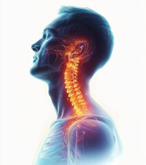 3D rendered medical illustration of human neck and spine highlighting cervical vertebrae and spinal cord with glowing effect against a light background