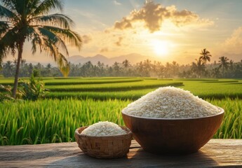 Two bowls of uncooked white rice placed on wooden surface with vibrant green rice field and palm trees under a glowing sunrise sky in the background