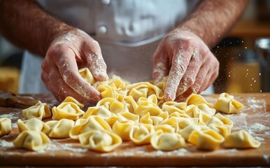 Hands dusted with flour shaping fresh homemade tortellini pasta on a wooden board covered with flour in a warm kitchen setting