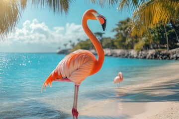 vibrant pink flamingo standing gracefully on a tropical beach with turquoise water, palm trees, and a clear sky in the background