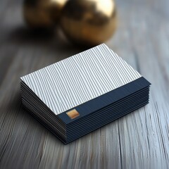 Stack of elegant textured business cards with white ridged surface and dark blue bottom section placed on wooden table with blurred golden decorative spheres in background