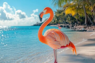 Bright orange flamingo standing on a sandy tropical beach near turquoise calm ocean water under a sunny blue sky with palm trees in the background