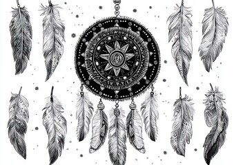 Intricate black and white dreamcatcher with detailed circular patterns surrounded by individual delicate feathers floating against a white background, evoking calm and mindfulness