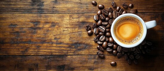 White cup filled with fresh espresso surrounded by scattered roasted coffee beans on rustic wooden surface evoking warmth and comfort