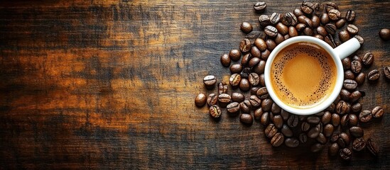 A white cup of freshly brewed coffee surrounded by scattered roasted coffee beans on a rustic wooden surface evoking warmth and comfort