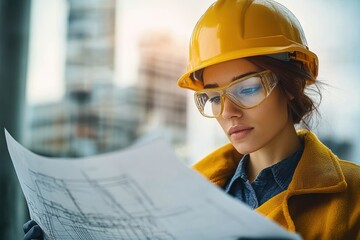 Focused female engineer wearing protective yellow helmet and safety glasses examining architectural blueprints at construction site