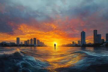 A lone figure standing in the middle of a waterway facing a vibrant orange and yellow sunset with dramatic clouds and a city skyline on both sides