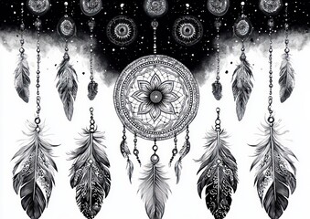Intricate black and white illustration of a dreamcatcher with detailed feathers and mandala patterns hanging against a starry background, evoking calm and protection