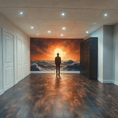 Silhouette of a person standing in a modern room facing a large mural of a dramatic ocean wave with a glowing sunset or sunrise in the background, creating a contemplative atmosphere
