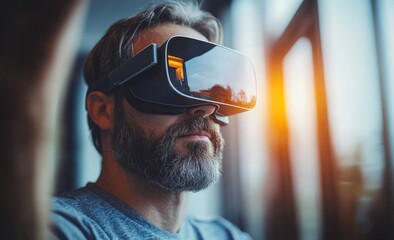 bearded man wearing virtual reality headset experiencing immersive technology indoors with sunlight reflection