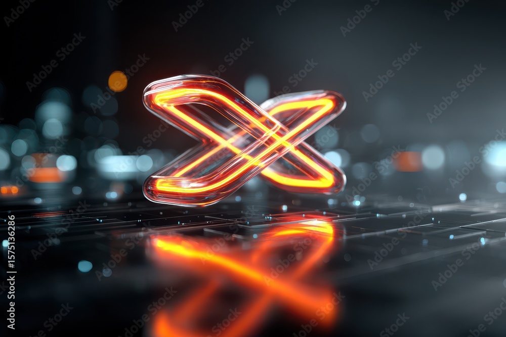 Poster glowing x shape on a reflective surface with blurred lights in the background in a dark environment