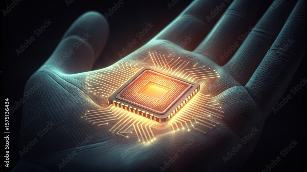 Poster glowing microchip implant in palm with futuristic circuit design