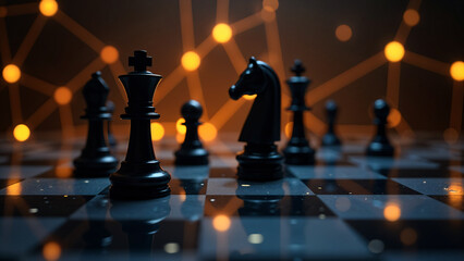 close up of black chess pieces in a row on dark blurred bokeh background
