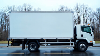 White box truck parked on road in forest setting side angle for delivery or moving services with copy space