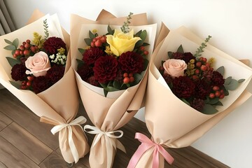 Elegant floral arrangements featuring yellow rose and deep red dahlias in simple wrapping
