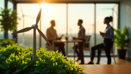 Business people discuss wind turbine power generation in office. Investors, tech specialists in meeting about eco-friendly energy. Group looks at wind farm view.