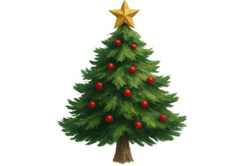 Lush green christmas tree decorated with shiny red baubles and topped with a golden star, isolated on a transparent background