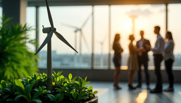 Business people discuss wind turbine power generation in office. Investors, tech specialists in meeting about eco-friendly energy. Group looks at wind farm view.