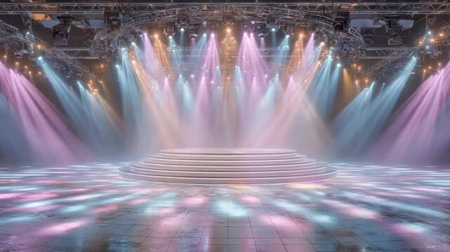Spectacular stage illuminated by vibrant beams, featuring a layered platform ideal for