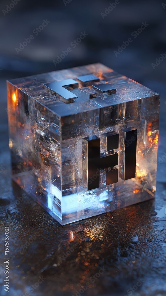 Poster close up of a translucent cube with the letters hi embedded inside on a dark wet surface scene