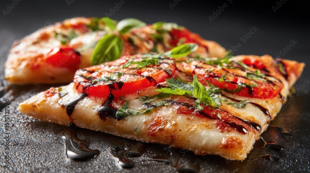 Poster vibrant pizza slices bursting with color from fresh tomatoes fragrant basil and melted cheese comple