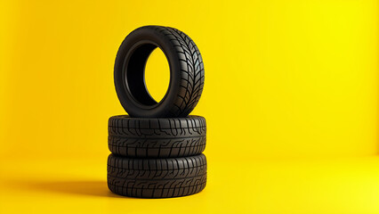 Three black rubber tires one over the other on soft yellow background, soft shadow, copy space for text on left