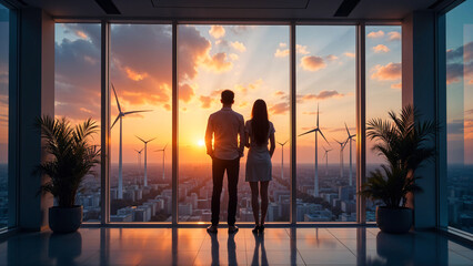 Innovation and green power concept - People working for alternative energy with wind turbine on background