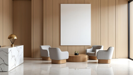 Mockup of a empty horizontal picture frame in a modern waiting room