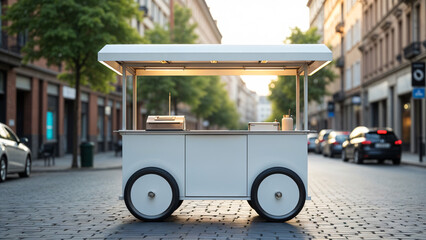 Food Cart Mockup design. close up view Blank white food cart mockup in a Road with blurred beautiful city