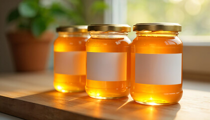 A high-quality honey jars mockup featuring a blank white label, perfect for branding, packaging design, marketing, and showcasing organic, natural honey products.