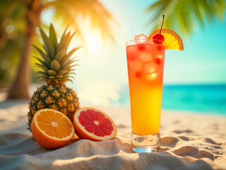 Refreshing pineapple juice with ice beside a whole pineapple and slices evokes a tropical beach escape with its sweet and tangy flavor.
