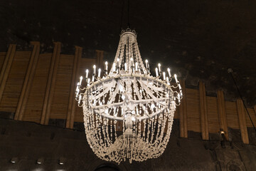 Salt-crystal chandelier in Wieliczka Salt Mine in Wieliczka, Poland