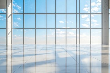 Fototapeta premium Bright spacious empty room with large floor-to-ceiling windows overlooking blue sky with scattered clouds