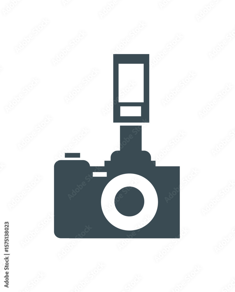 Poster simple graphic representation of a camera with attached flash, isolated on white background.