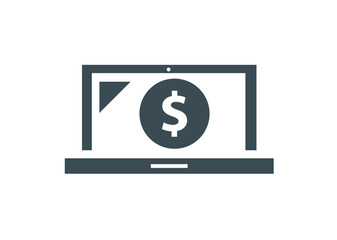 A dark gray laptop icon with a dollar sign, signifying online financial transactions.