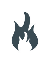 A stylized, dark gray flame with three distinct peaks against a white background.