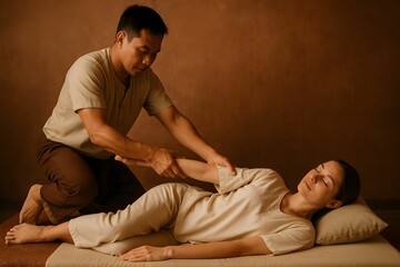 Therapist provides a relaxing massage treatment in a calm, muted setting using professional techniques Thai massage