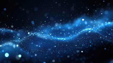 Obraz premium Glowing blue particles forming fluid wave patterns in a dark space, evoking a sense of mystery and calmness