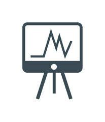 A dark gray graphic of a display screen showing a line graph on a tripod stand.