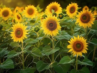 Fototapeta premium Bright yellow sunflowers blooming in a lush green field under soft sunlight creating a cheerful and warm atmosphere